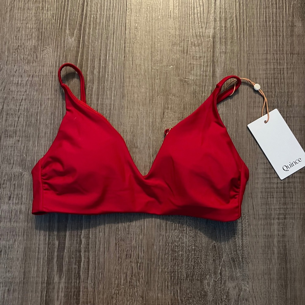 NWT Quince Italian V Neck Bikini Top XS Cherry Red Swim Vacation Beach